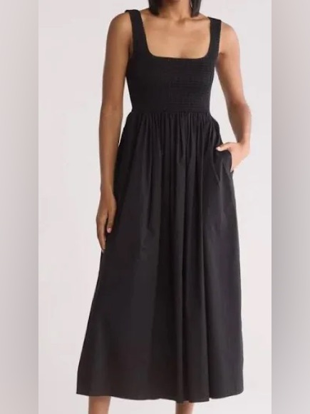 Wayf Black Square-Neck Midi Dress With Wide Straps